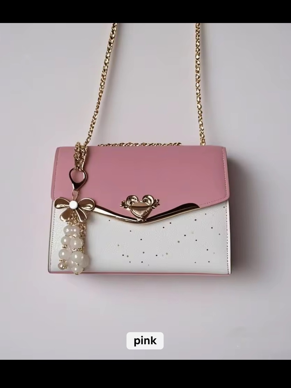 Pink & White Chain Shoulder Bag with Pearl Charm